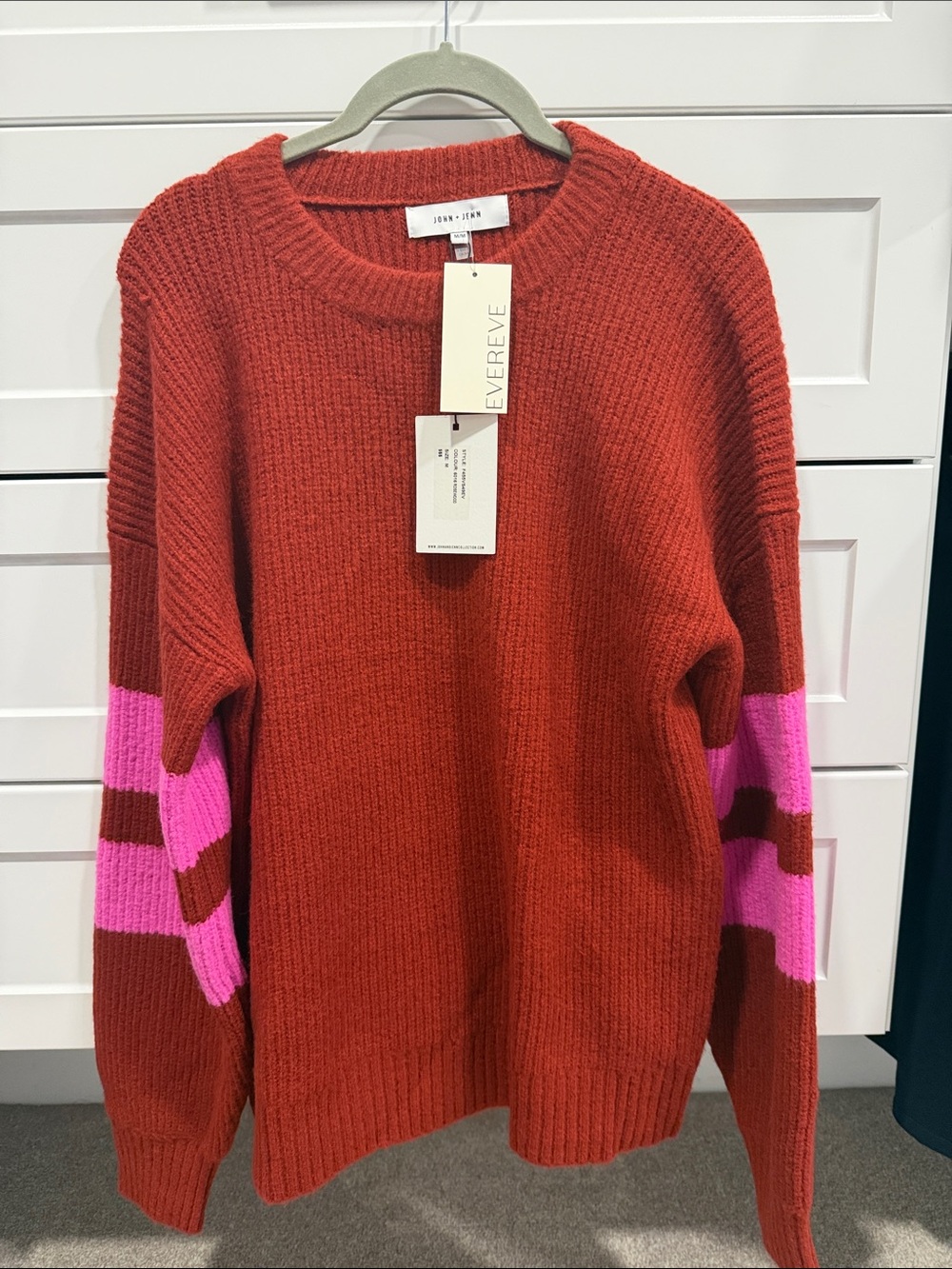 NWT!John + Jenn from Evereve Ribbed Crewneck Sweater - burgundy with Pink Stripe